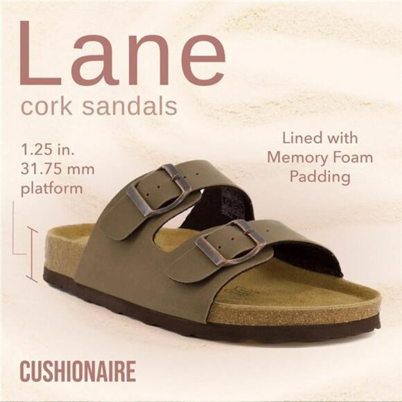 Cushionaire Cork Footbed Sandals Women Slip On Arch Support Double Buckle - Picture 2 of 7